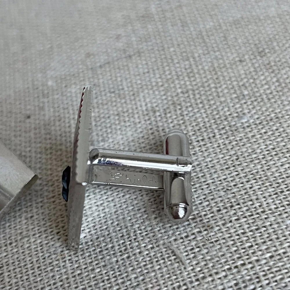 Vintage Shields Signed Silver Tone Blue Rhinestone Cuff Links
